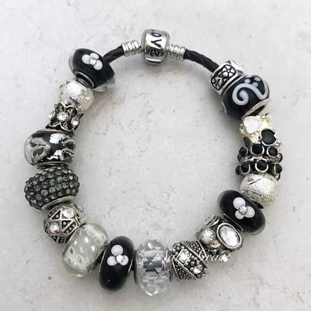 Black White Silver Hearts, Leather Charm Bracelet Love